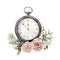 Watercolor vintage table clock with roses. Christmas illustration with vintage watch isolated on white background. Five