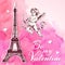 Watercolor vintage Valentine background with cupid