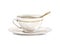 Watercolor vintage white tea cup on saucer with golden spoon