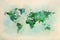 Watercolor vintage world map in green colors