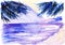 Watercolor violet ocean beach sunset palms landscape