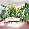 Watercolor of Vivid living room featuring a gigantic white bird of paradise plant placed on the