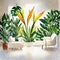 Watercolor of Vivid living room featuring a gigantic white bird of paradise plant placed on the