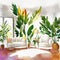 Watercolor of Vivid living room featuring a gigantic white bird of paradise plant placed on the