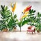 Watercolor of Vivid living room featuring a gigantic white bird of paradise plant placed on the