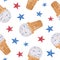 Watercolor waffle cone ice cream seamless pattern. Hand drawn dessert with red and blue confetti and stars isolated on