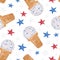 Watercolor waffle cone ice cream seamless pattern. Hand drawn dessert with red and blue confetti and stars isolated on