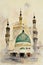 Watercolor wall tableau Art painting Al Masjid an Nabawi in the Kingdom of Saudi Arabia