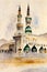 Watercolor wall tableau Art painting Al Masjid an Nabawi in the Kingdom of Saudi Arabia