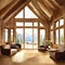 Watercolor of  of a warm and inviting living room with a cozy wooden chalet style interior