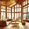 Watercolor of  of a warm and inviting living room with a cozy wooden chalet style interior