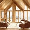 Watercolor of  of a warm and inviting living room with a cozy wooden chalet style interior