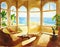 Watercolor of Warm living room with a