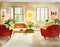 Watercolor of  of a warm living room in the year