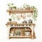 Watercolor Washes: Illustrated Kitchen Cabinet With Potted Plants