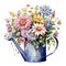 Watercolor watering can with spring flowers. Watercolor floral illustration