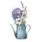 Watercolor watering can with spring hydrangea and anemones. Hand painted flowers, lavender and eucalyptus leaves