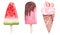 Watercolor watermelon popsicle, lollipop stick and cone strawberry ice cream clipart isolated on white background