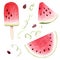 Watercolor watermelon slices and popsicles isolated on white background. Summer food clipart.
