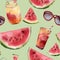 Watercolor watermelon, sunglass and cocktail big seamless pattern. Hand painted watermelon slice with fruit cocktail