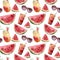 Watercolor watermelon, sunglass and cocktail seamless pattern. Hand painted watermelon slice with fruit cocktail