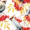 Watercolor waxwing and rowan pattern