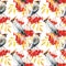 Watercolor waxwing and rowan pattern