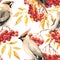 Watercolor waxwing and rowan pattern