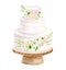 Watercolor wedding cake with floral arrangements on wood stand illustration. Hand drawn 3 tiered white cream dessert
