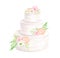 Watercolor wedding cake with flowers illustration. Hand drawn 3 tiered white cream dessert isolated on white. Clipart