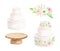 Watercolor wedding dessert set. Hand painted tiered white cream cake, rustic wood cake stand and flower arrangement