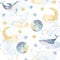 Watercolor whales, clouds, moon, stars, seamless pattern. Watercolor sea animals illustrations. Background print, For