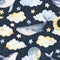 Watercolor whales, clouds, moon, stars, seamless pattern. Watercolor sea animals illustrations. Background print, wear