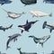 Watercolor whales seamless pattern. Dolphins, Orca, Narval, Beluga, Whales and Shark