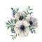 Watercolor white anemone and berry bouquet. Hand painted flower, eucalyptus leaves, white berry and juniper isolated on