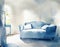 Watercolor of White bedding on blue Blue sofa with white Bedroom with bed and Front