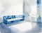 Watercolor of White bedding on blue Blue sofa with white Bedroom with bed and Front