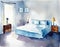 Watercolor of White bedding on blue Blue sofa with white Bedroom with bed and Front