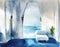 Watercolor of White bedding on blue Blue sofa with white Bedroom with bed and Front