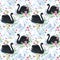 Watercolor white and black swan lake seamless pattern. Beautiful birds with flowers, leaves, berries on white background