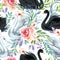 Watercolor white and black swan lake seamless pattern. Beautiful birds with flowers, leaves, berries on white background
