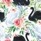 Watercolor white and black swan lake seamless pattern. Beautiful birds with flowers, leaves, berries on white background