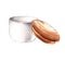 Watercolor white ceramic bowl with a wooden lid on a white background
