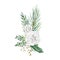 Watercolor white flower bouquet. Rose, fir branch, wild floral. Greenery bouquet illustration for bridal show