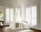 Watercolor of white indoor shutters for bedroom with focus on