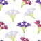 Watercolor white, purple and burgundy flowers bouquets seamless pattern. Hand drawn campanula plants, tobacco buds isolated on