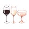 Watercolor white and red wine in a wineglass. Alcoholic drink hand drawn illustration perfect illustration.Concept for