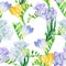 Watercolor white and violet freesia flower. Seamless background pattern. Silhouette, petal