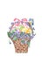 Watercolor wicker basket with easter eggs, violets isolated on w