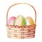 Watercolor wicker basket with multicolor easter egs on white background. Empty space. White color background. Texture